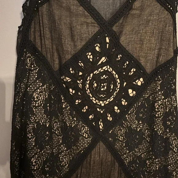 Free People SM Angel Mini Dress Sheer Black Gauze Cotton Boho Crochet Lace - Picture 3 of 8